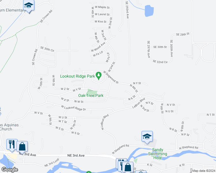map of restaurants, bars, coffee shops, grocery stores, and more near 2671 West 1st Street in Washougal