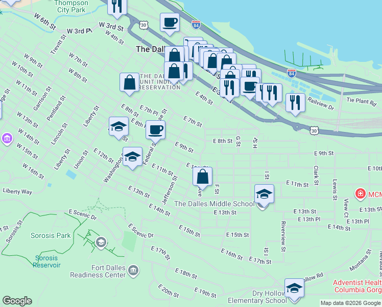 map of restaurants, bars, coffee shops, grocery stores, and more near 604 East 9th Street in The Dalles