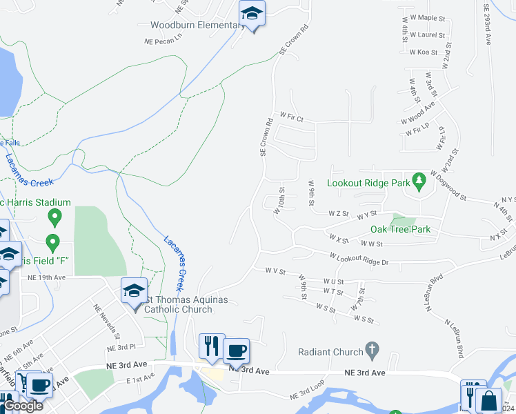 map of restaurants, bars, coffee shops, grocery stores, and more near 2709 West 11th Street in Washougal