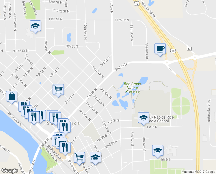 map of restaurants, bars, coffee shops, grocery stores, and more near 811 1st Street North in Sauk Rapids