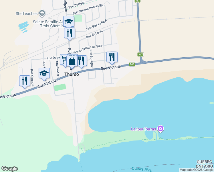 map of restaurants, bars, coffee shops, grocery stores, and more near 264 Rue Hill in Thurso