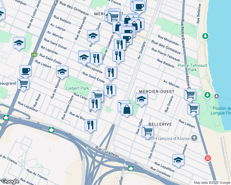map of restaurants, bars, coffee shops, grocery stores, and more near 8185 Rue A. A. Desroches in Montreal