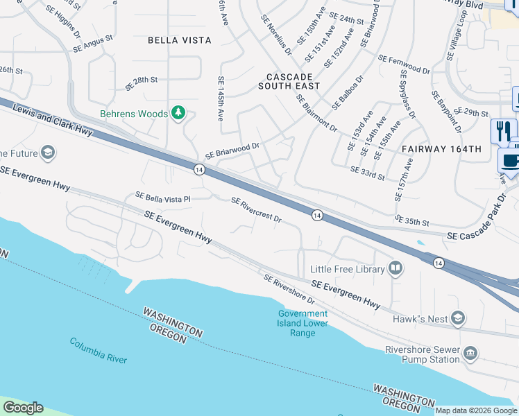 map of restaurants, bars, coffee shops, grocery stores, and more near 14617 Southeast Rivercrest Drive in Vancouver