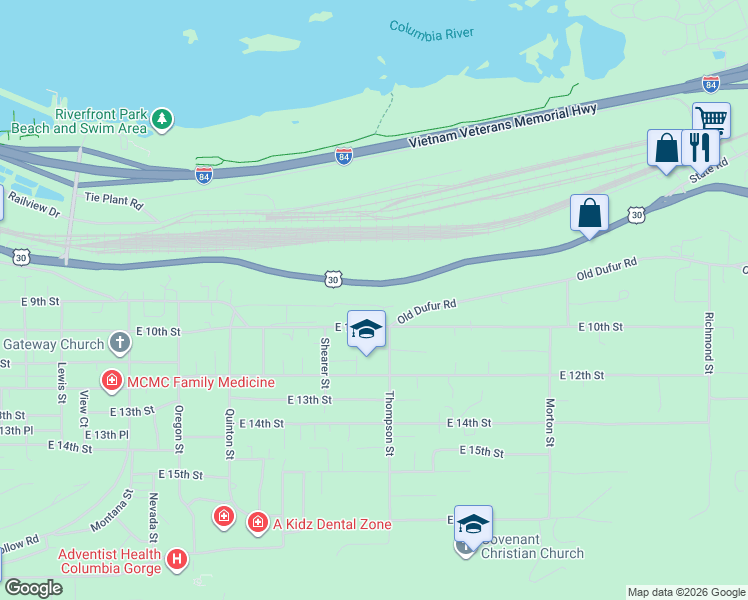 map of restaurants, bars, coffee shops, grocery stores, and more near 2321 East 9th Street in The Dalles