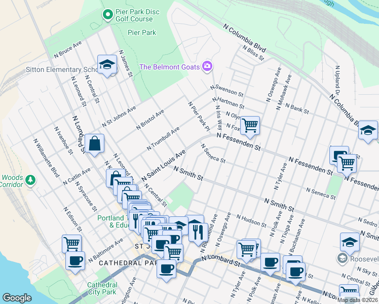 map of restaurants, bars, coffee shops, grocery stores, and more near 9406 North Saint Louis Avenue in Portland