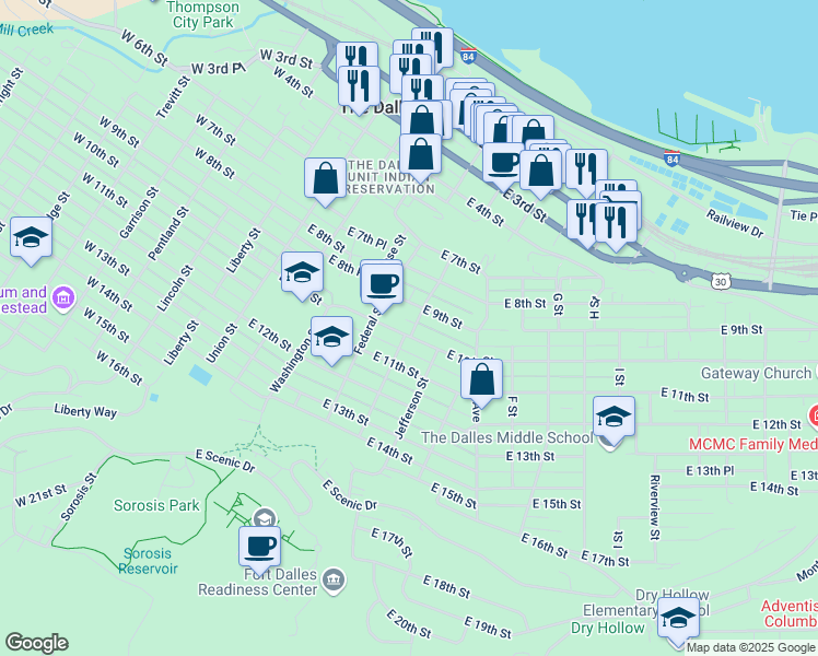 map of restaurants, bars, coffee shops, grocery stores, and more near 503 East 10th Street in The Dalles
