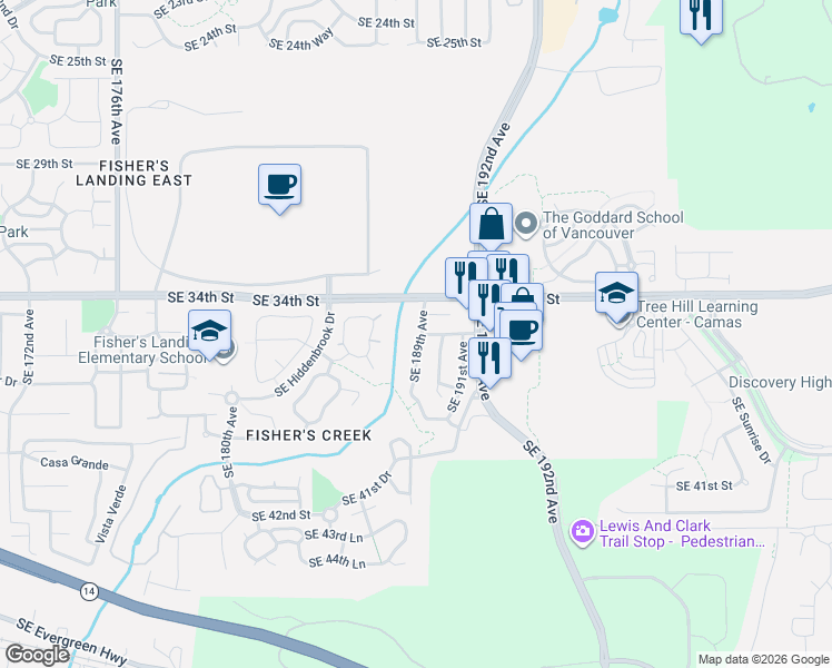 map of restaurants, bars, coffee shops, grocery stores, and more near 3610 Southeast 189th Avenue in Vancouver
