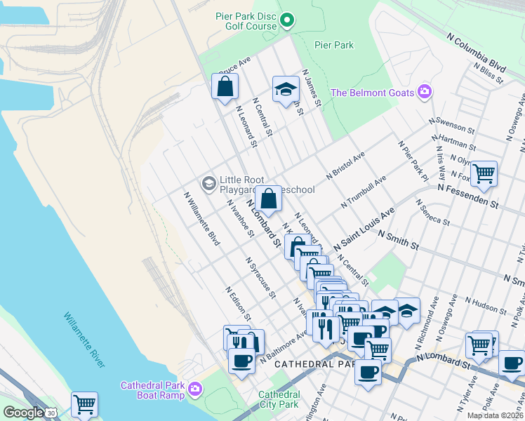 map of restaurants, bars, coffee shops, grocery stores, and more near 9567 North Lombard Street in Portland