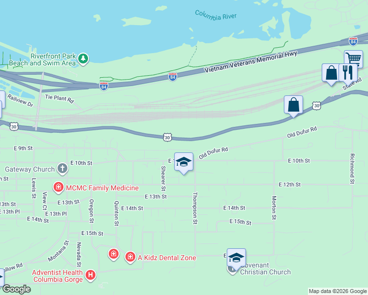 map of restaurants, bars, coffee shops, grocery stores, and more near 2321 East 9th Street in The Dalles