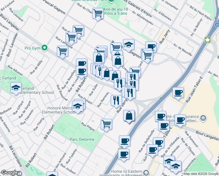 map of restaurants, bars, coffee shops, grocery stores, and more near 8190 Boulevard Langelier in Montréal