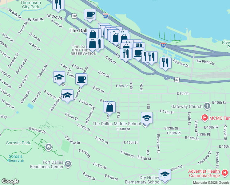 map of restaurants, bars, coffee shops, grocery stores, and more near 916 Kelly Avenue in The Dalles