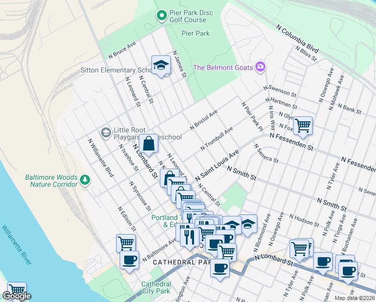 map of restaurants, bars, coffee shops, grocery stores, and more near 8540 North Trumbull Avenue in Portland