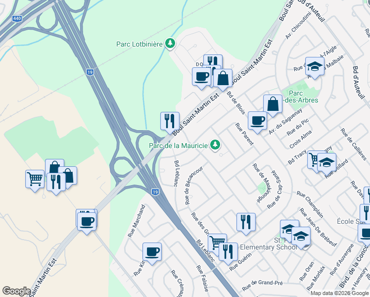 map of restaurants, bars, coffee shops, grocery stores, and more near 2145 Avenue des Trois Rivières in Laval