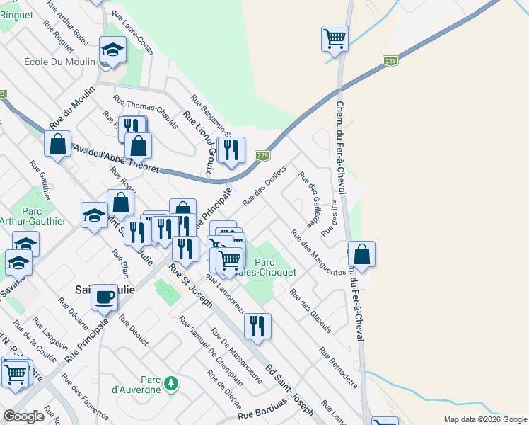 map of restaurants, bars, coffee shops, grocery stores, and more near 1504 Rue des Lilas in Sainte-Julie