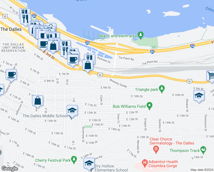 map of restaurants, bars, coffee shops, grocery stores, and more near 1511 East 9th Street in The Dalles