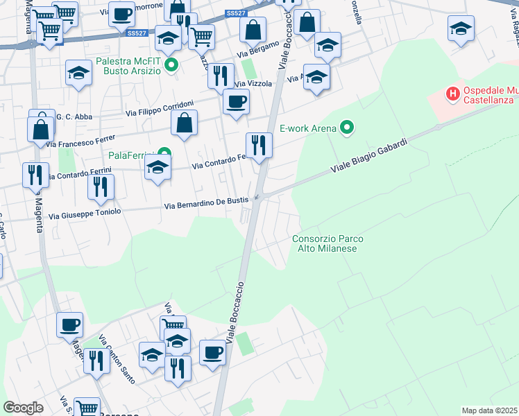 map of restaurants, bars, coffee shops, grocery stores, and more near 71B Viale Boccaccio in Busto Arsizio
