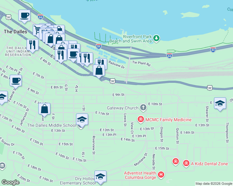 map of restaurants, bars, coffee shops, grocery stores, and more near 1420 East 9th Street in The Dalles