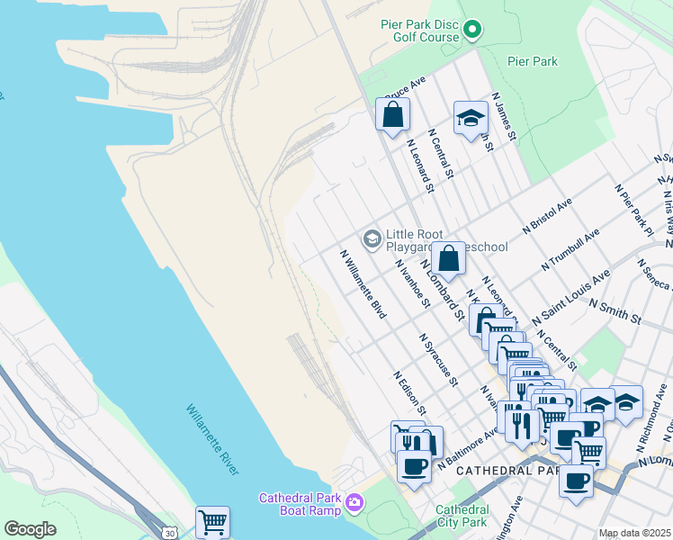 map of restaurants, bars, coffee shops, grocery stores, and more near 9725 North Edison Street in Portland