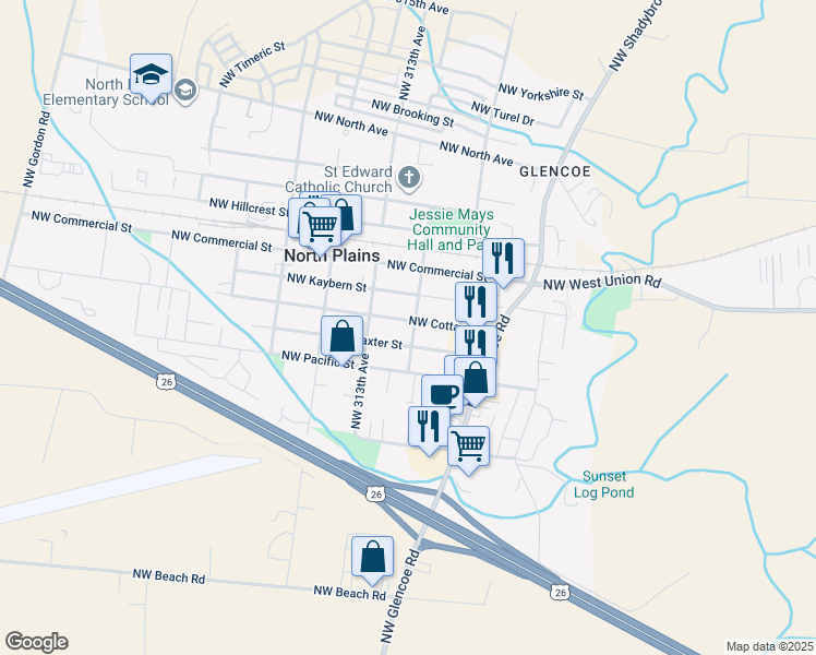 map of restaurants, bars, coffee shops, grocery stores, and more near 31110 Northwest Cottage Street in North Plains