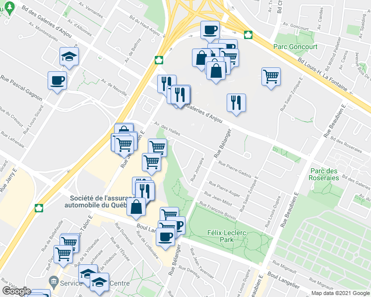 map of restaurants, bars, coffee shops, grocery stores, and more near 7136 Rue Pierre-Gadois in Montréal