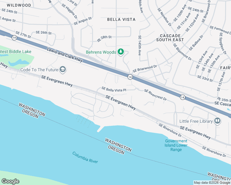 map of restaurants, bars, coffee shops, grocery stores, and more near 3608 Southeast 142nd Court in Vancouver