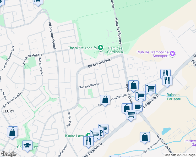 map of restaurants, bars, coffee shops, grocery stores, and more near 6025 Rue des Choucas in Laval