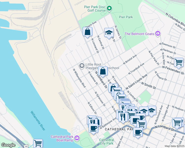 map of restaurants, bars, coffee shops, grocery stores, and more near 9624 North Ivanhoe Street in Portland