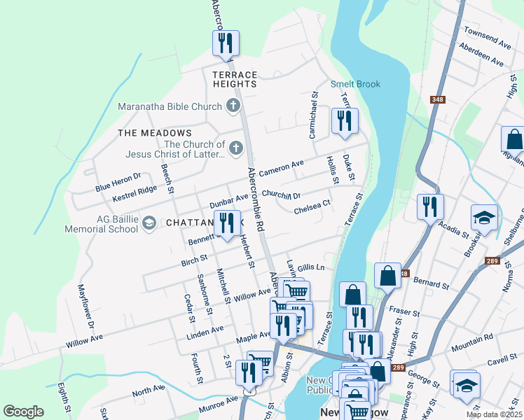 map of restaurants, bars, coffee shops, grocery stores, and more near 275 Abercrombie Road in New Glasgow