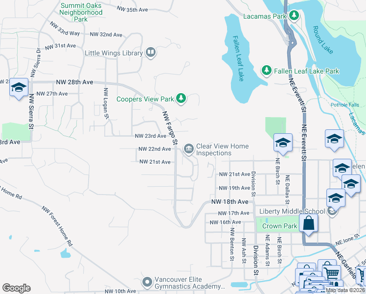 map of restaurants, bars, coffee shops, grocery stores, and more near 2149 Northwest Fargo Loop in Camas