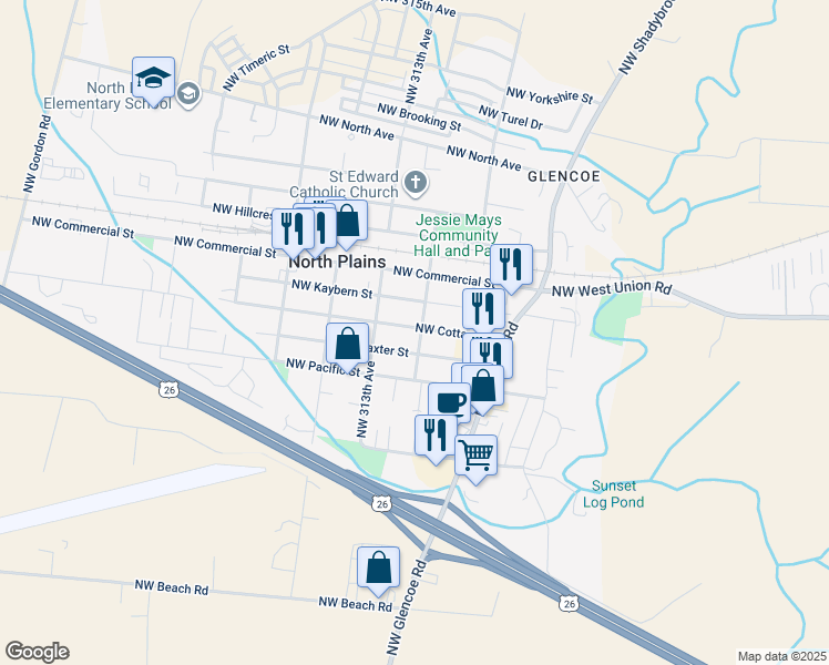 map of restaurants, bars, coffee shops, grocery stores, and more near 31110 Northwest Cottage Street in North Plains