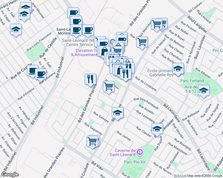 map of restaurants, bars, coffee shops, grocery stores, and more near 9255 Rue de Bastogne in Montréal