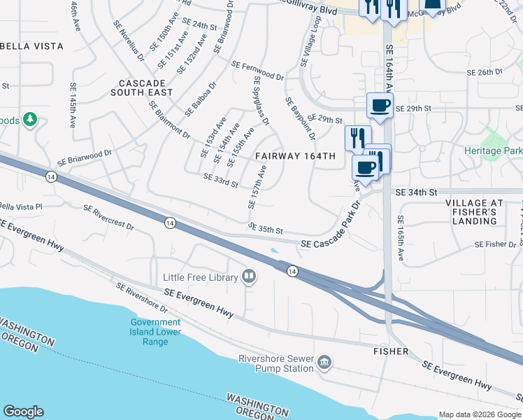 map of restaurants, bars, coffee shops, grocery stores, and more near 15705 Southeast 34th Circle in Vancouver