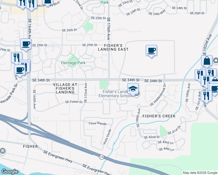 map of restaurants, bars, coffee shops, grocery stores, and more near 17613 Southeast 35th Street in Vancouver