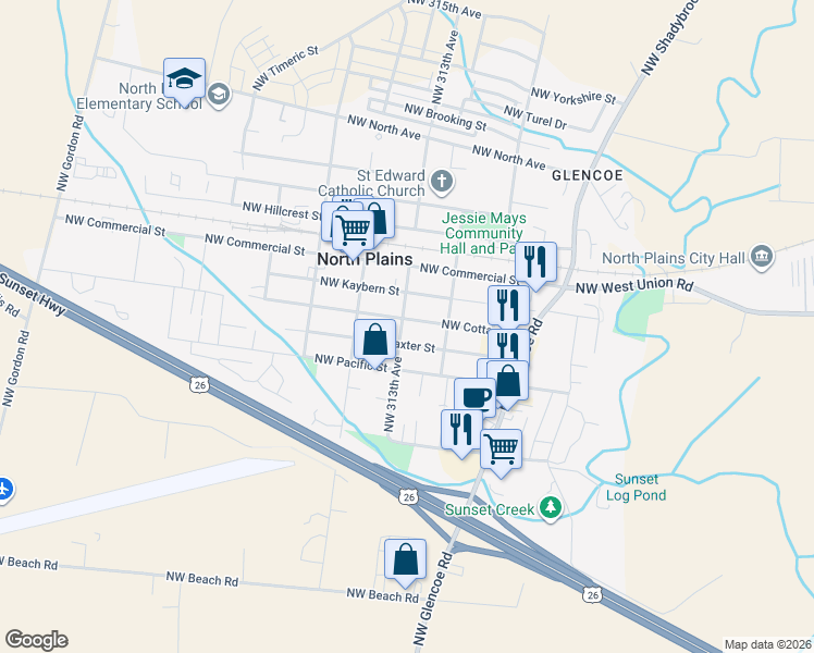 map of restaurants, bars, coffee shops, grocery stores, and more near 31288 Northwest Cottage Street in North Plains