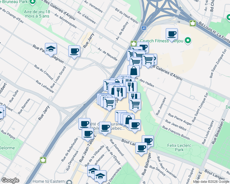 map of restaurants, bars, coffee shops, grocery stores, and more near 6845 Rue Jean-Talon Est in Montréal