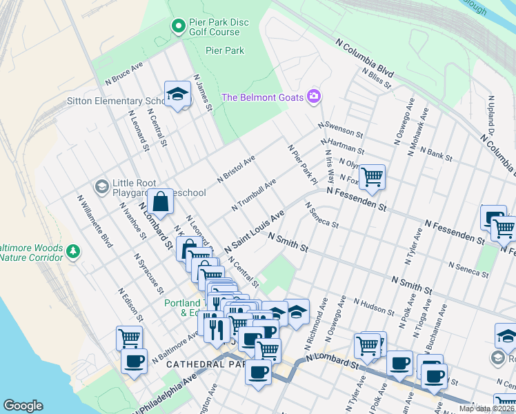 map of restaurants, bars, coffee shops, grocery stores, and more near 9210 North Windle Street in Portland