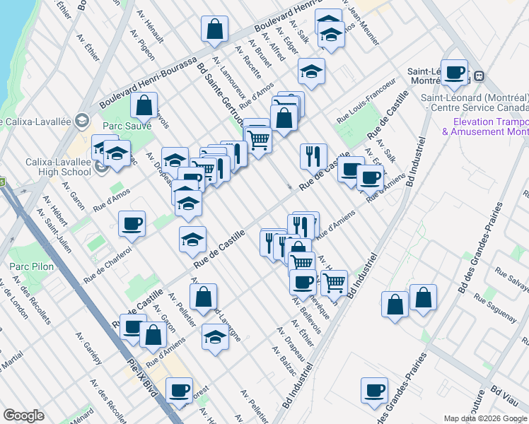map of restaurants, bars, coffee shops, grocery stores, and more near 4883 Rue de Castille in Montréal