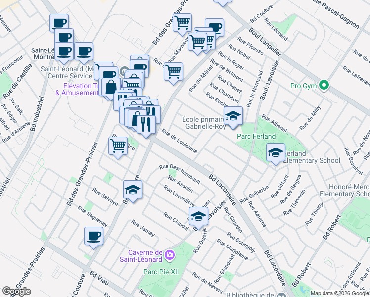 map of restaurants, bars, coffee shops, grocery stores, and more near 9062 Rue de Louisiane in Montréal