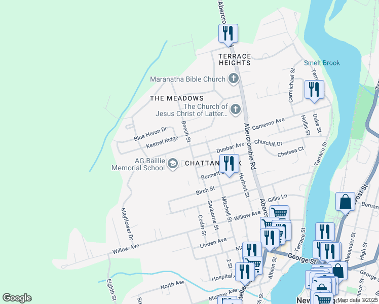 map of restaurants, bars, coffee shops, grocery stores, and more near 336 Beech Street in New Glasgow
