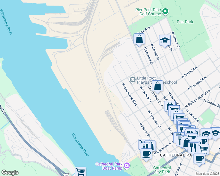 map of restaurants, bars, coffee shops, grocery stores, and more near 9808N North Edison Street in Portland