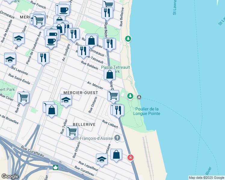 map of restaurants, bars, coffee shops, grocery stores, and more near 8490 Rue Notre Dame Est in Montréal