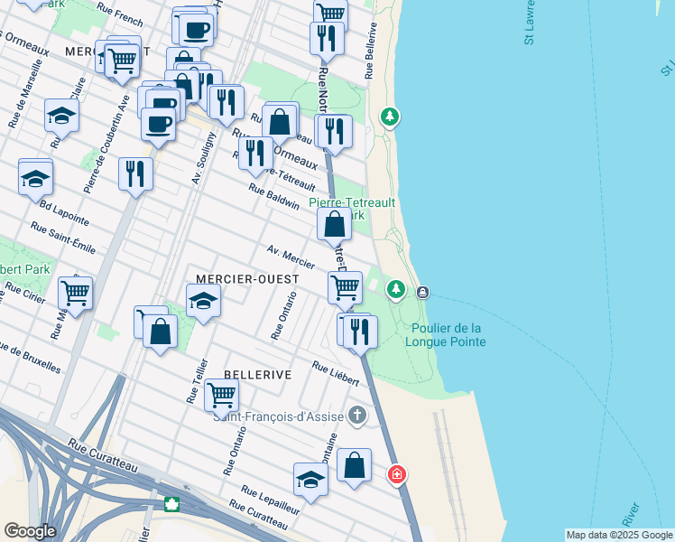 map of restaurants, bars, coffee shops, grocery stores, and more near in Montréal