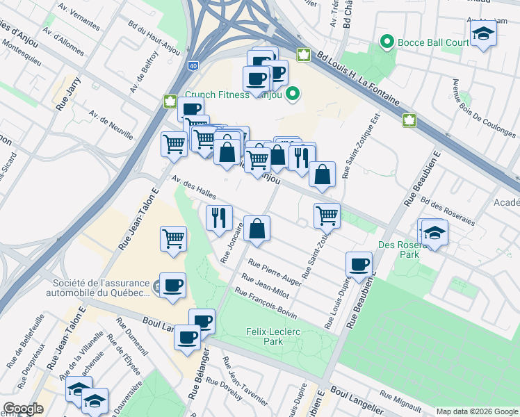 map of restaurants, bars, coffee shops, grocery stores, and more near 7111 Rue Bélanger in Montréal
