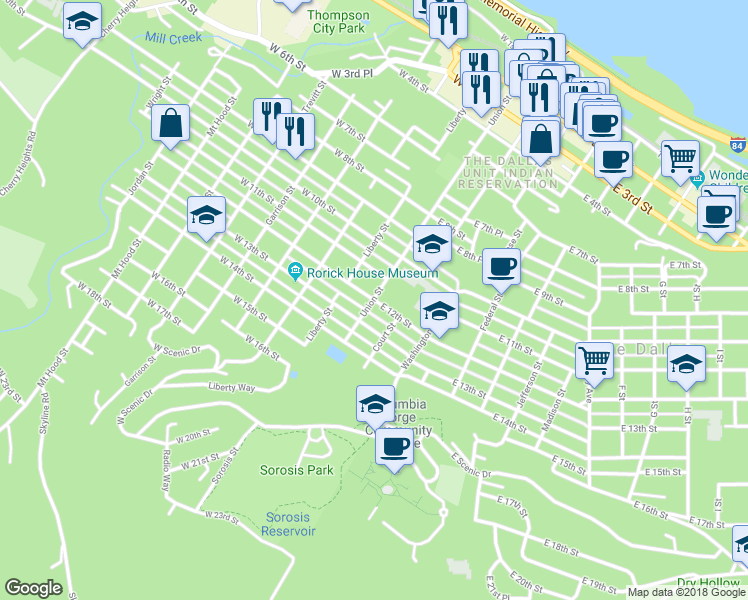 map of restaurants, bars, coffee shops, grocery stores, and more near 3 East 12th Street in The Dalles