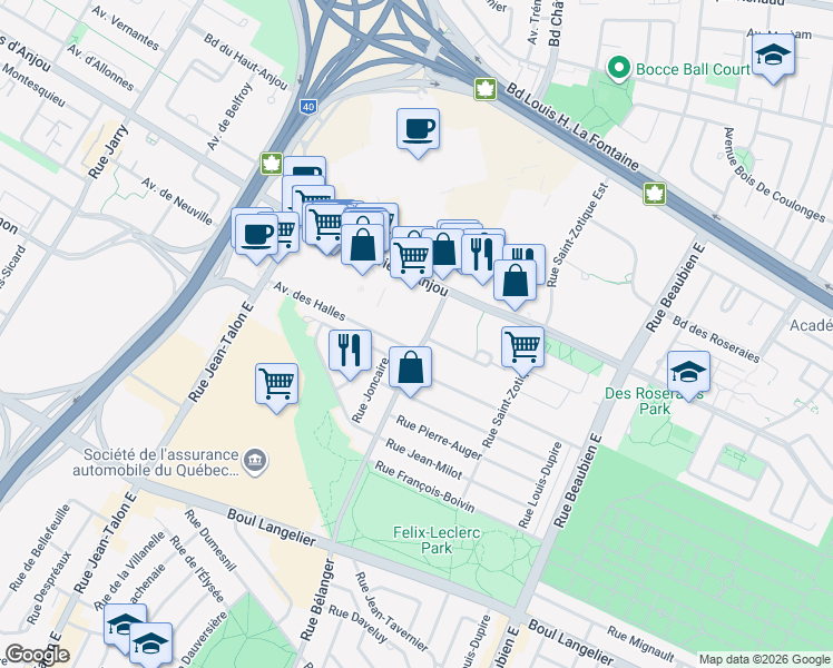 map of restaurants, bars, coffee shops, grocery stores, and more near 7111 Rue Bélanger in Montréal