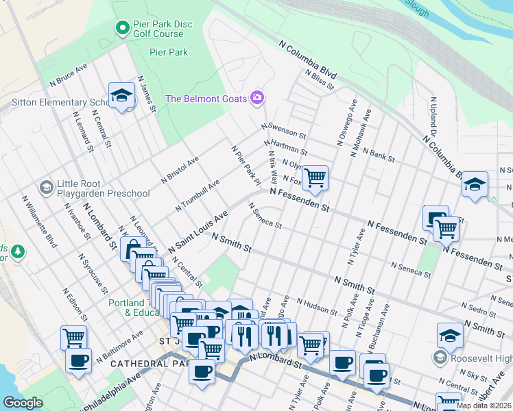 map of restaurants, bars, coffee shops, grocery stores, and more near 8913 North Seneca Street in Portland