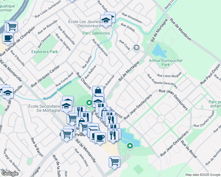 map of restaurants, bars, coffee shops, grocery stores, and more near 615 Boulevard de Mortagne in Boucherville