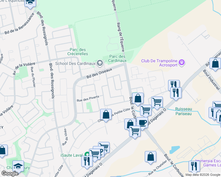 map of restaurants, bars, coffee shops, grocery stores, and more near 5977 Rue des Cardinaux in Laval