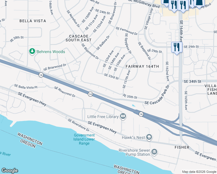 map of restaurants, bars, coffee shops, grocery stores, and more near 15107 Southeast 154th Place in Vancouver