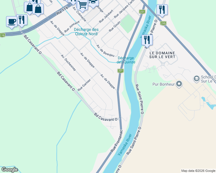 map of restaurants, bars, coffee shops, grocery stores, and more near 165 Avenue de Dieppe in Saint-Hyacinthe
